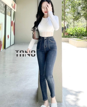 Quần jeans dài giãn ống ôm lai cuốn túi đóng