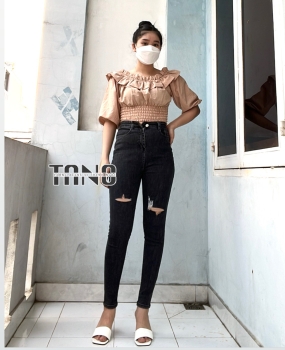 Quần jeans giãn ống ôm màu xám lai cuốn,cắt rách