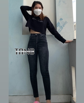 Quần jeans giãn ống ôm màu xám cắt lai