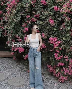 Quần jeans ống suông cotton không giãn màu xanh nhạt