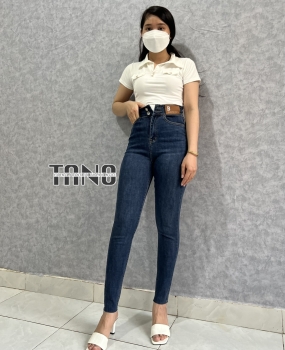 Quần jeans dài giãn ống ôm xanh đậm dơ(xanh bụi),lưng 2 nút,mác da,lai cắt.