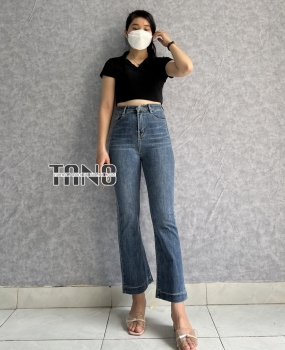 Quần Jeans Giãn Ống Loe Màu Xanh Giữa Lai Gấp 3cm