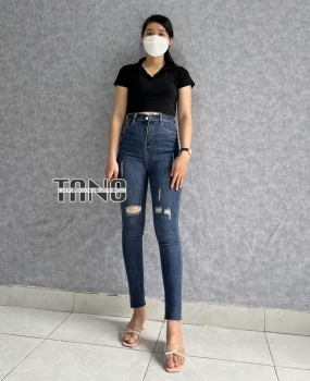 Quần jeans giãn ống ôm màu xanh đậm dơ(xanh bụi) mài rách lai cắt.