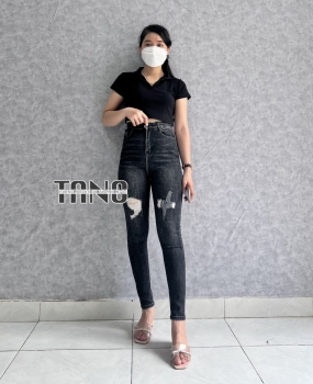 Quần jeans giãn ống ôm màu xám mài rách,lai cuốn