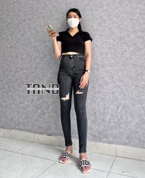 Quần jeans giãn ống ôm màu xám mài cắt rách,lai cuốn.