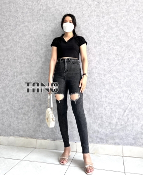 Quần jeans giãn ống ôm màu xám rách 2 bên đùi,lai cắt.
