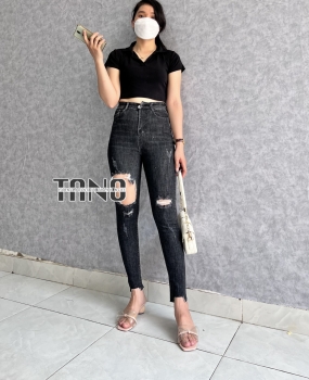 Quần jeans giãn ống ôm màu xám ,rách đùi ,lai cắt