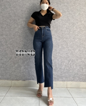 Quần jeans giãn ống đứng màu xanh đậm dơ(xanh bụi) lai cắt xéo.
