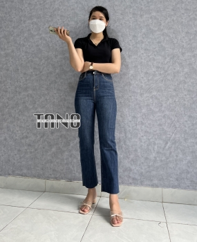 Quần jeans giãn ống đứng màu xanh đậm dơ(xanh bụi) lai cắt.