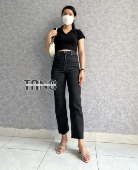 Quần jeans giãn ống đứng màu xám lai cắt.