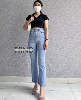 Quần Jeans Giãn Ống Loe Màu Xanh Nhạt Lai Gấp 3 cm