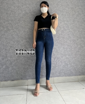 Quần jeans giãn ống ôm màu xanh đậm,2 nút bóp.