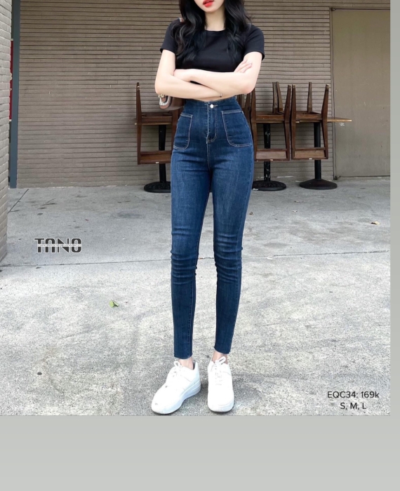 Quần jeans dài giãn ống ôm lưng liền thân lai cắt,túi đóng.