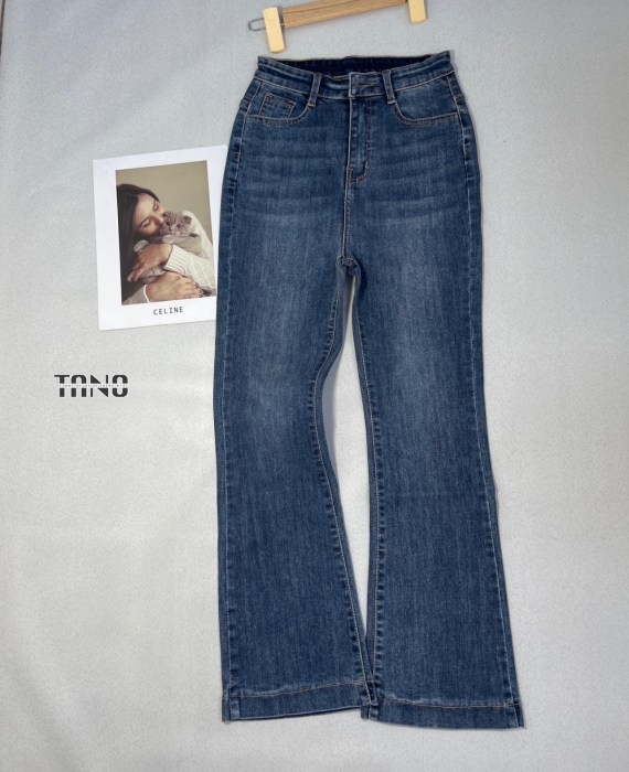 Quần Jeans Giãn Ống Loe Màu Xanh Giữa Lai Gấp 3cm