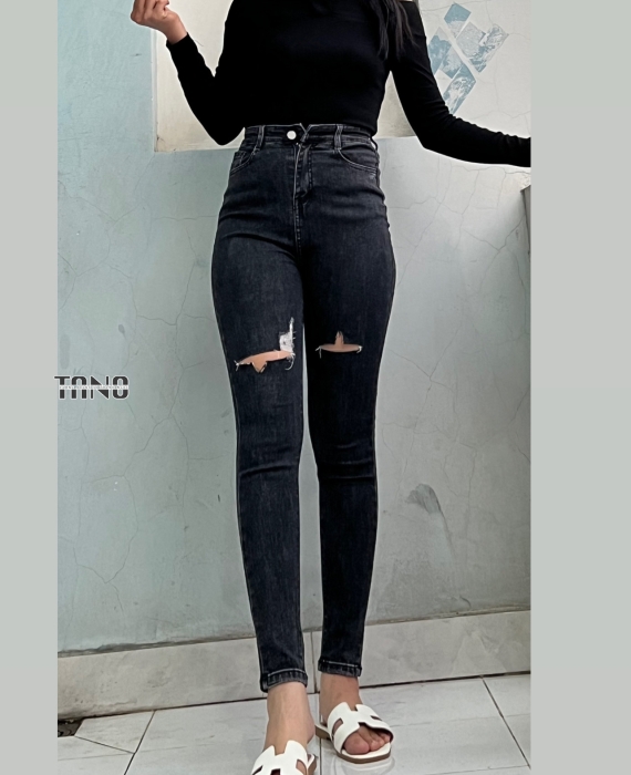 Quần jeans giãn ống ôm màu xám lai cuốn,cắt rách