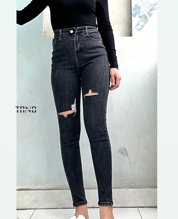 Quần jeans giãn ống ôm màu xám lai cuốn,cắt rách