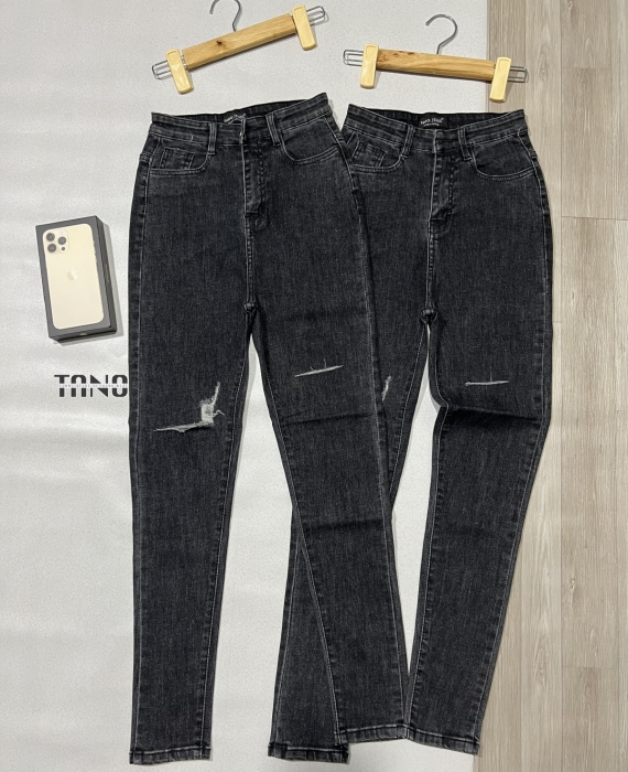 Quần jeans giãn ống ôm màu xám lai cuốn,cắt rách