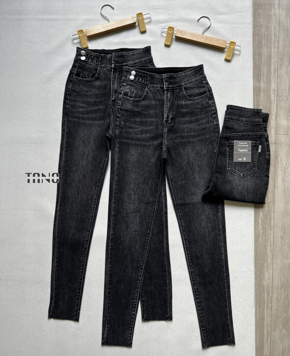 Quần jeans giãn ống ôm màu xám lưng 2 nút,lai cắt.