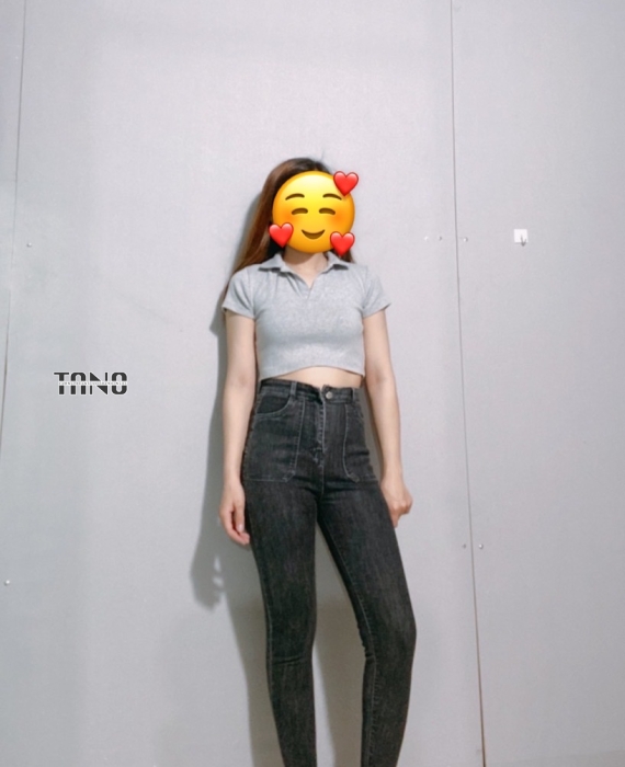 Quần jeans giãn ống ôm túi đóng màu xám lai cuốn