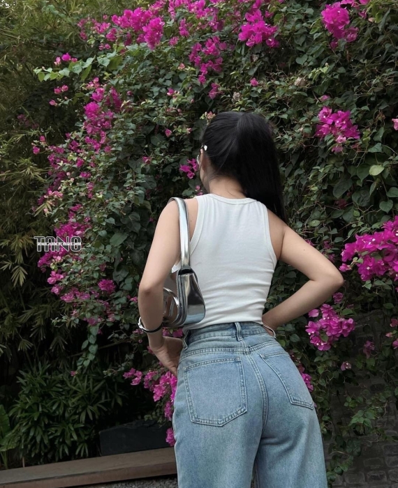 Quần jeans ống suông cotton không giãn màu xanh nhạt