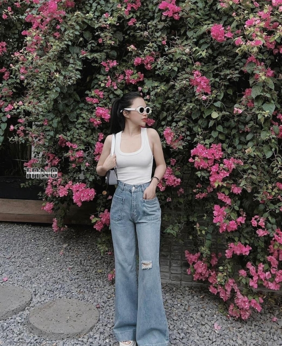 Quần jeans ống suông cotton không giãn màu xanh nhạt