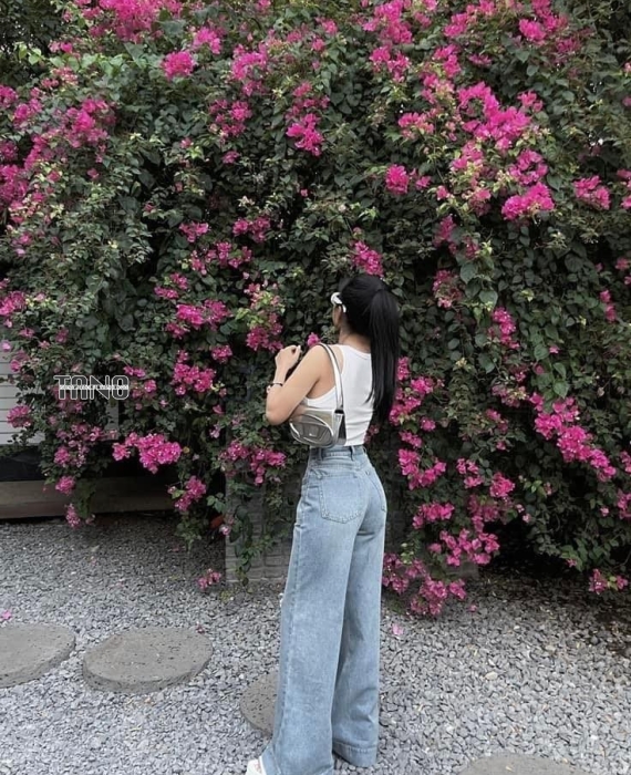 Quần jeans ống suông cotton không giãn màu xanh nhạt
