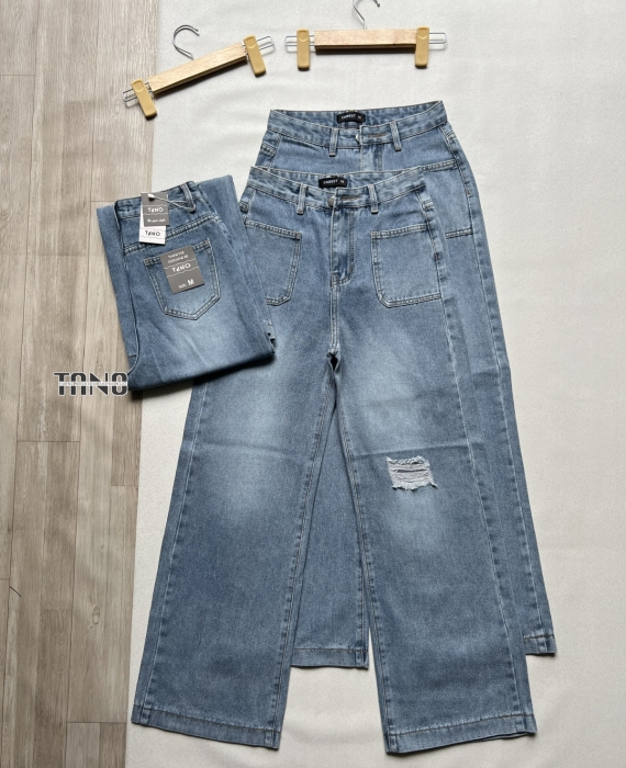 Quần jeans ống suông cotton không giãn màu xanh nhạt