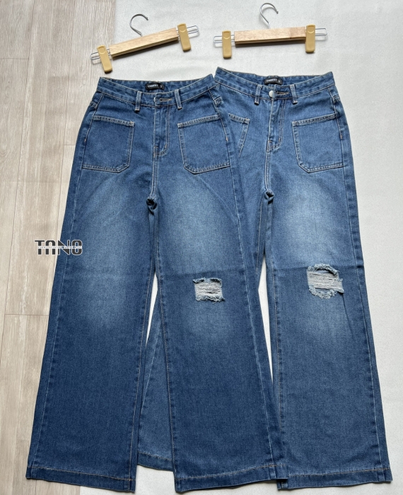 Quần jeans ống suông cotton không giãn màu màu xanh đậm dơ(xanh bụi)