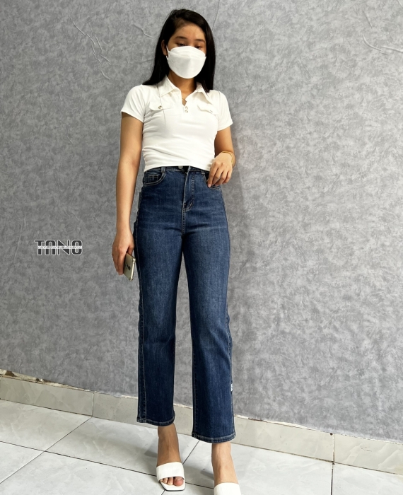 Quần jeans giãn ống đứng nẹp sườn thêu logo màu đậm dơ(xanh bụi)