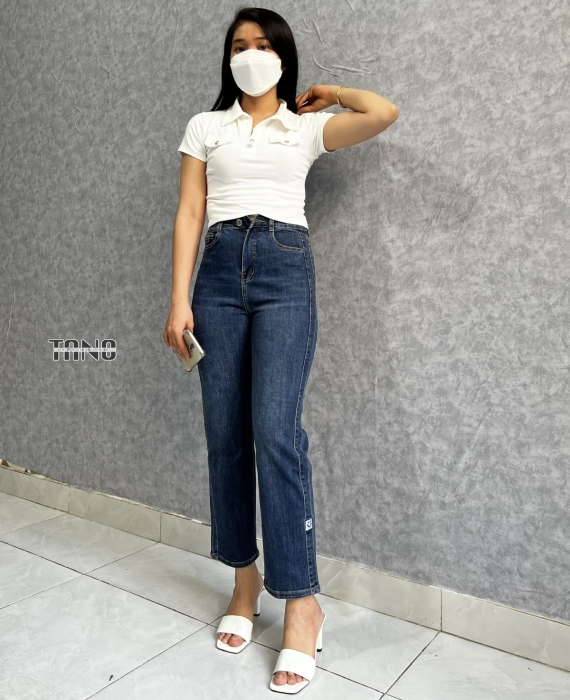 Quần jeans giãn ống đứng nẹp sườn thêu logo màu đậm dơ(xanh bụi)