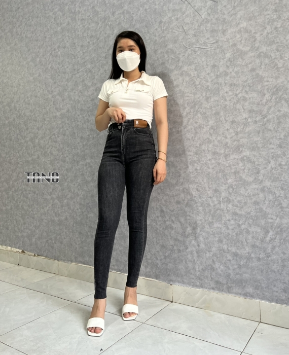 Quần jeans giãn ống ôm màu xám lưng 2 nút ,mác da,lai cắt.
