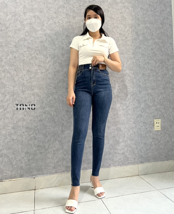 Quần jeans dài giãn ống ôm xanh đậm dơ(xanh bụi),lưng 2 nút,mác da,lai cắt.
