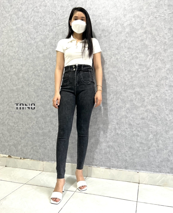 Quần jeans ống ôm màu xám túi tròn ,lai cắt