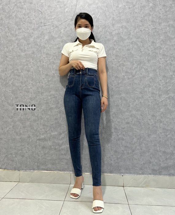 Quần jeans giãn ống ôm túi tròn màu xanh đậm dơ(xanh bụi),lai cắt