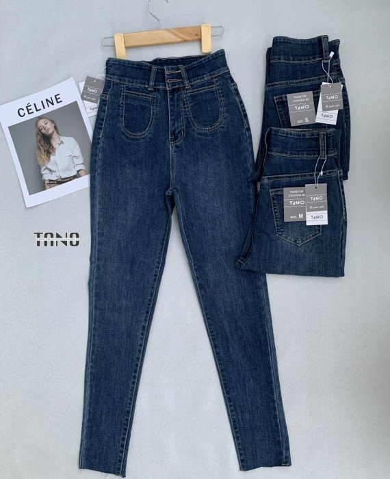 Quần jeans giãn ống ôm túi tròn màu xanh đậm dơ(xanh bụi),lai cắt