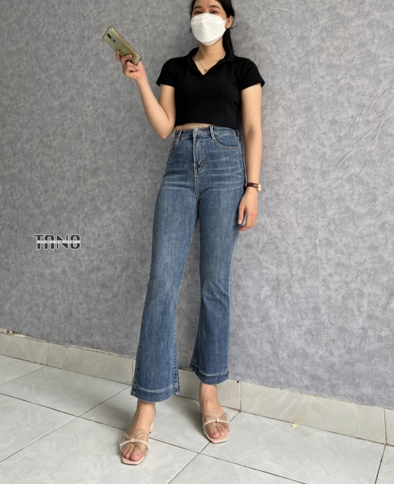 Quần Jeans Giãn Ống Loe Màu Xanh Giữa Lai Gấp 3cm