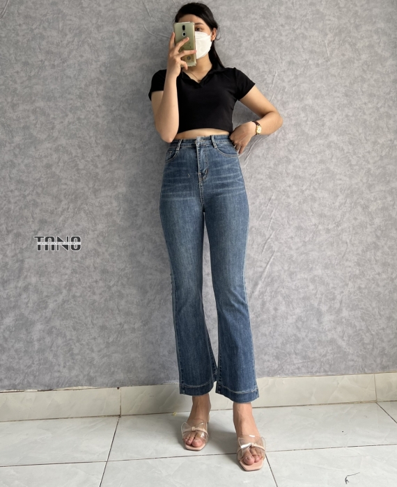 Quần Jeans Giãn Ống Loe Màu Xanh Giữa Lai Gấp 3cm