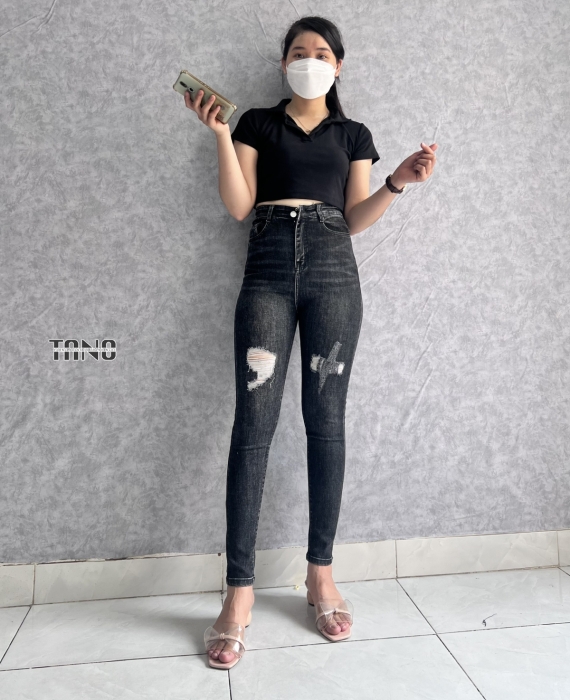Quần jeans giãn ống ôm màu xám mài rách,lai cuốn
