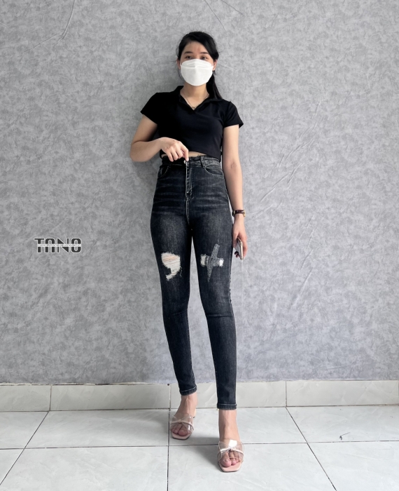 Quần jeans giãn ống ôm màu xám mài rách,lai cuốn
