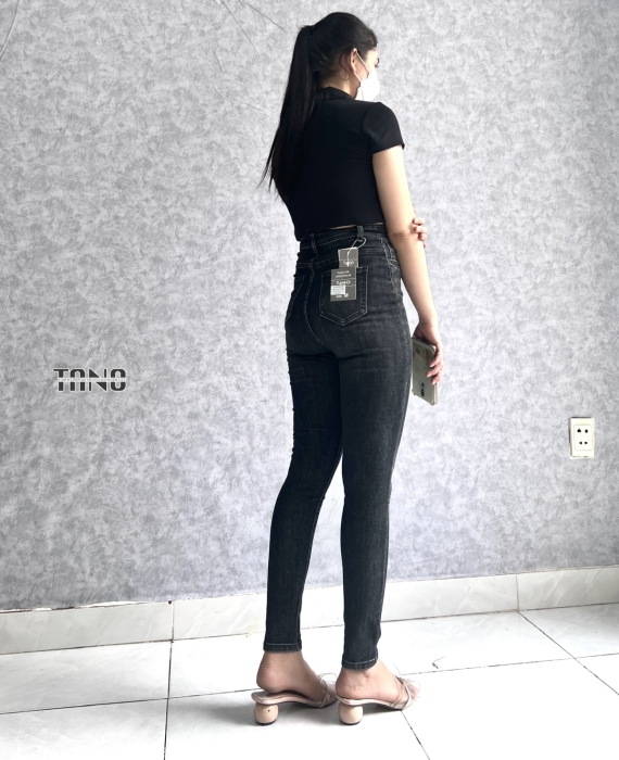 Quần jeans giãn ống ôm màu xám mài rách,lai cuốn