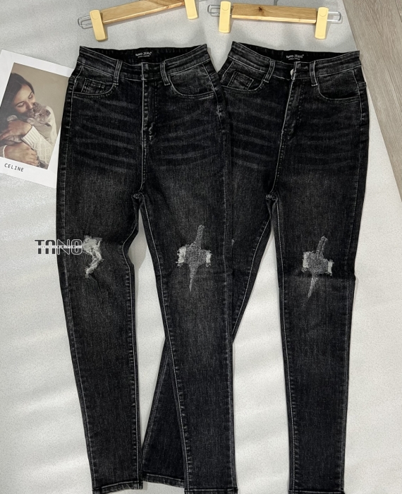 Quần jeans giãn ống ôm màu xám mài rách,lai cuốn