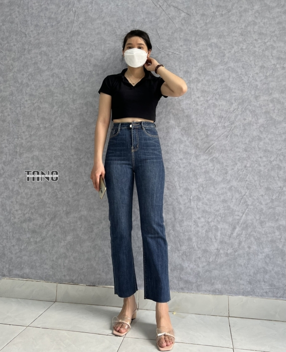 Quần jeans giãn ống đứng màu xanh đậm dơ(xanh bụi) lai cắt.